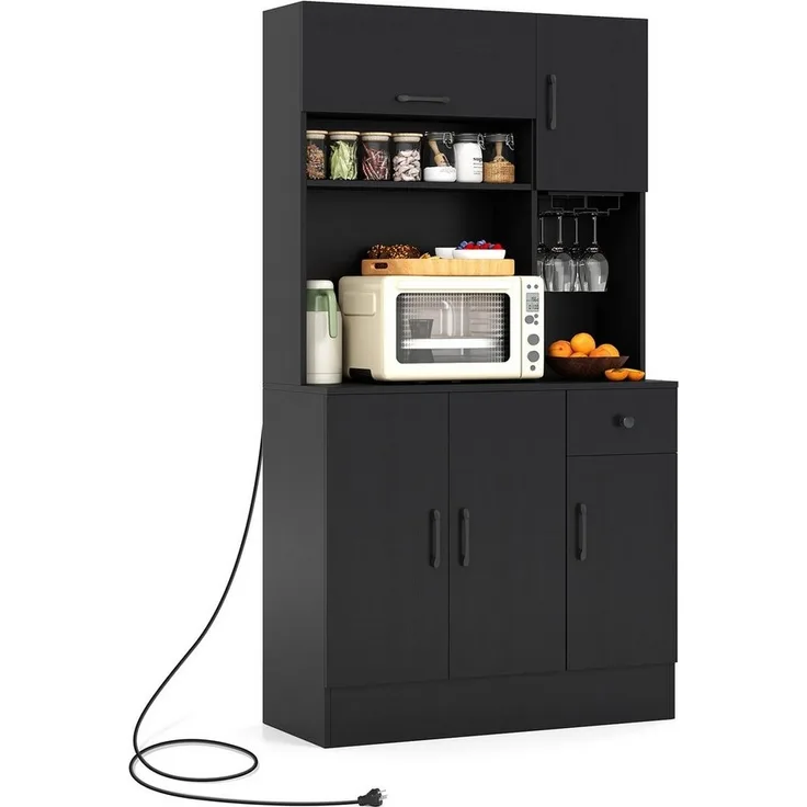 COSTWAY Küchenbuffet Schrank Hoch mit Steckdosen, Arbeitsplatte Braun