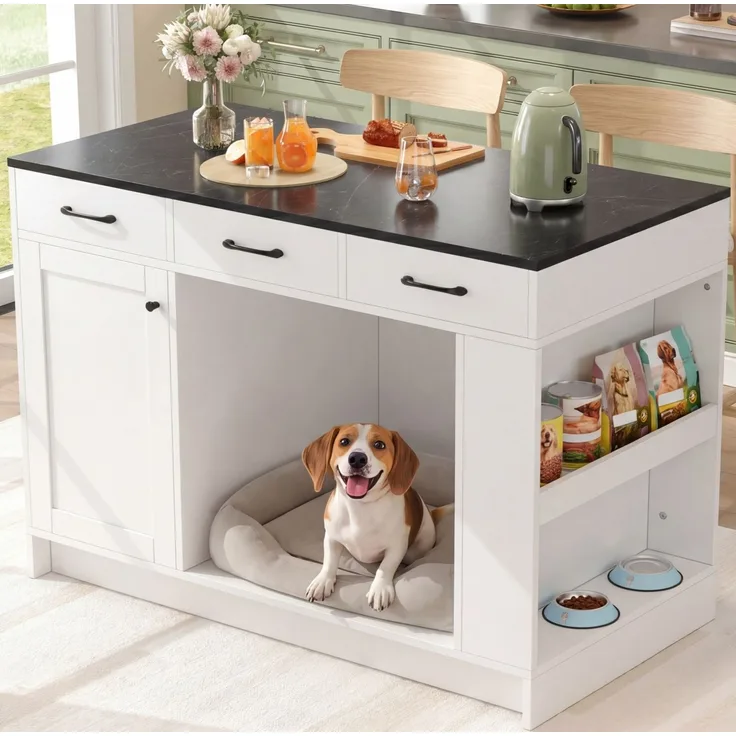 Küchenwagen 120 x 60 x 90 cm mit 3 Schubladen, Gewürzablage und Haustierbereich – weiß
