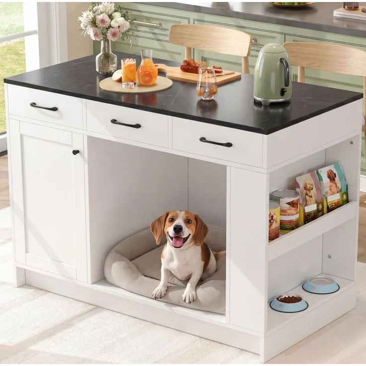 Küchenwagen 120 x 60 x 90 cm mit 3 Schubladen, Gewürzablage und Haustierbereich – weiß – Bild 1