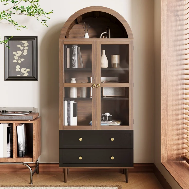 Kommode Aufbewahrungsschrank mit verstellbaren Einlegeböden,Moderner Retro-Aufbewahrungsschrank aus gewölbtem Glas,Verstellbare Regale,Luxuriöses Sideboard--Nussbaum--70x38x168cm--YOUDENOVA – Bild 2