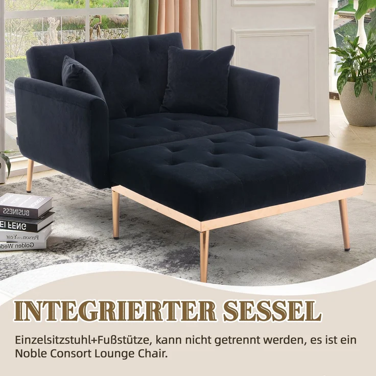 Relaxsessel mit verstellbarer Rückenlehne,3-stufig klappbarer Ruhesessel aus Plüschstoff mit 2 Kissen,Schwarz – Bild 8