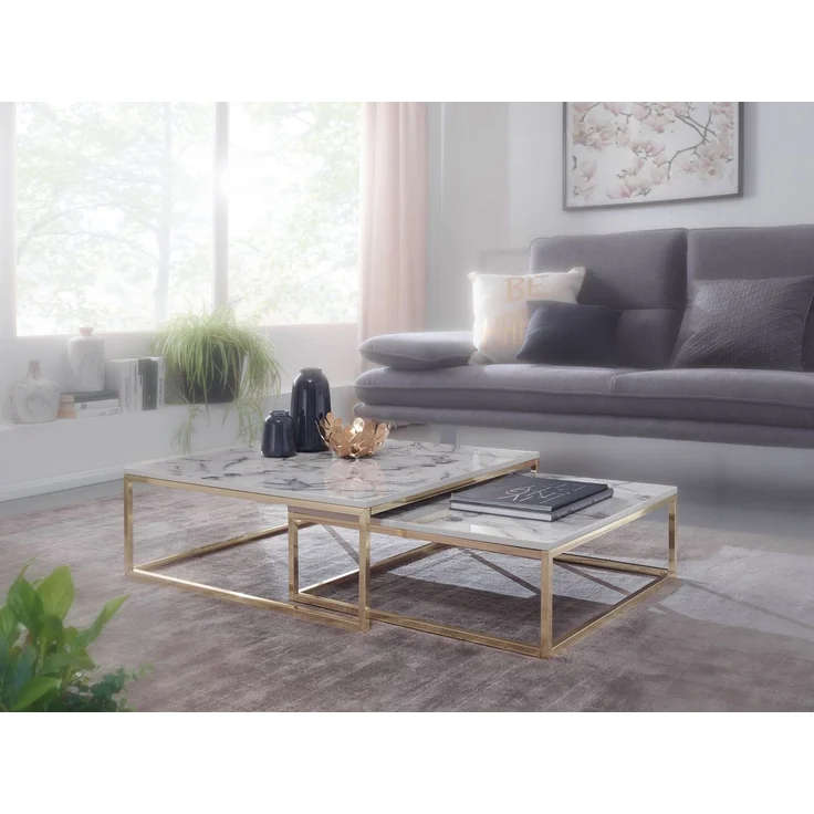 Wohnling Couchtisch 2er Set Weiß Marmoroptik Eckig Metallgestell Gold Modern 75x75x27 cm – Bild 3