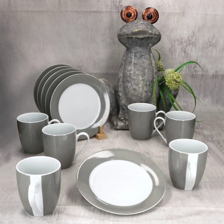12tlg Frühstücksset Variant Grau Porzellan 6 Personen Teller klein Kaffeebecher – Bild 3