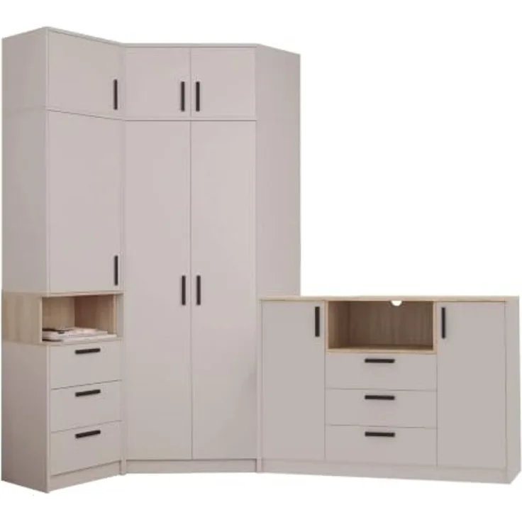 Marmex Möbel Grant Set-36C Eck-Kleiderschrank-Set, Kleiderschrank und Regal mit mit Aufsätzen, Schrank-Set mit Kommode, laminierte Spanplatte, graubeige cashmere+cremona torro 228/143x235x40 cm