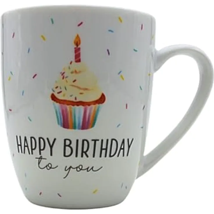 9502241 Kaffeebecher/Tasse aus Porzellan, Motiv: Happy Birthday. Größe H/Ø: 9,8 x 8,2 cm, Fassungsvermögen 250 ml, Spülmaschinengeeignet.