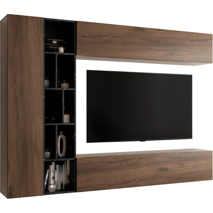 Wohnwand Kodita (Farbe: Nuss Warmia / Marmor Schwarz) – Bild 1