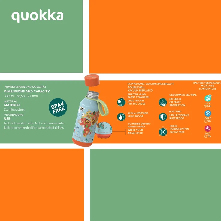 Quokka GROVE BIRDS Trinkflasche 330 ml Solid Kids Edelstahl Flasche Hält Kalt & Warm – Bild 3