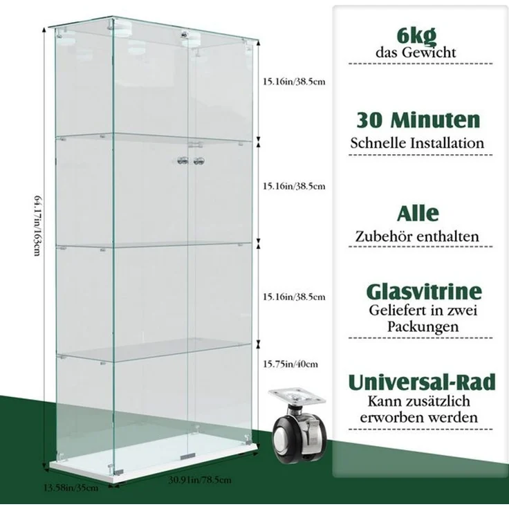 FUROKOY Glasvitrine Standvitrinen, Vitrine aus gehärtetem Glas (Vitrinenschrank mit 2 Glastür und Beleuchtung für Sammler, Bücher) 4 Lagen Sammlervitrine, Weiß – Bild 4