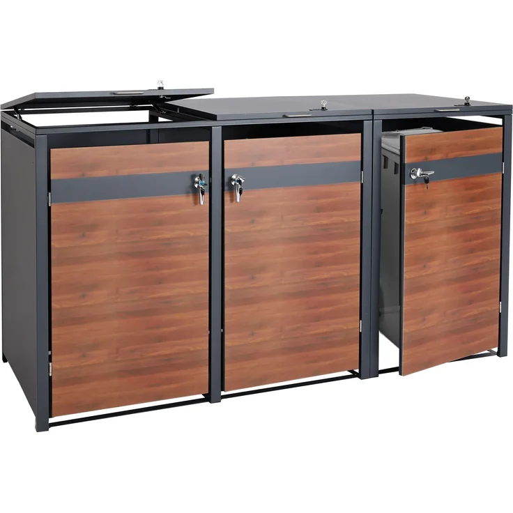 3er Mülltonnenverkleidung HWC-J82, Mülltonnenbox, erweiterbar, Metall 80kg, anthrazit ~ Kirsche-Holzoptik dunkelbraun – Bild 1
