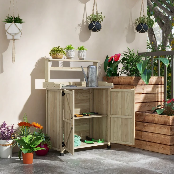 Umtopf-Tisch, Gartentisch, Schrank und Regale sowie Tablett mit rutschfesten Gleitern, 90,5 x 41 x 124,5 cm, Naturholz – Bild 3
