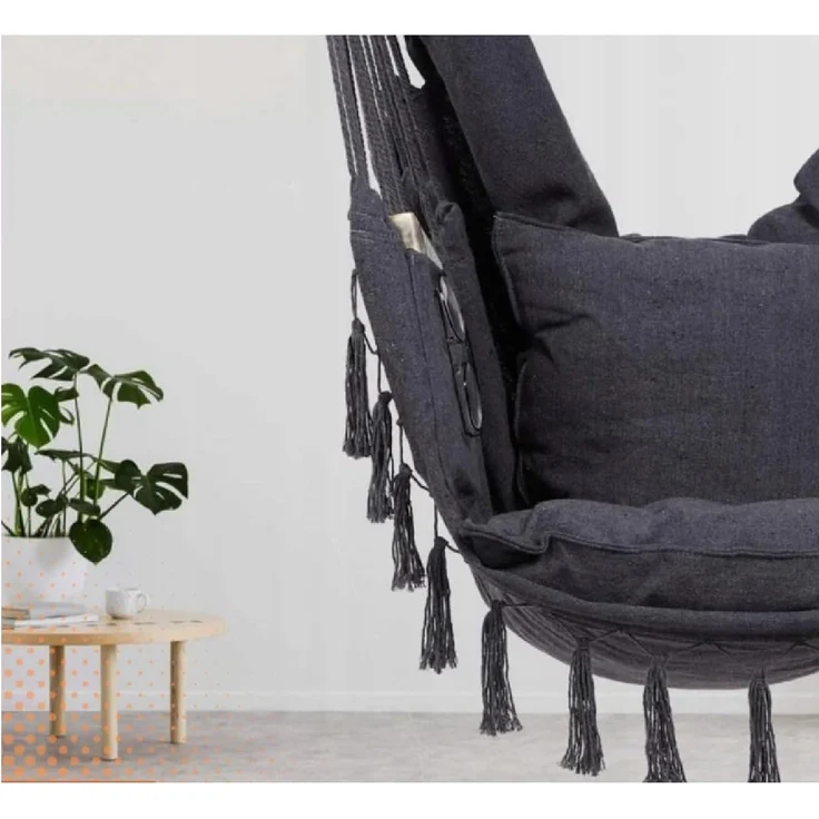 QLS Hängesessel 130x100 cm mit 2 Kissen bis 200 kg Graphit, Hängestuhl Boho-Stil 130 x 100 cm – Bild 6