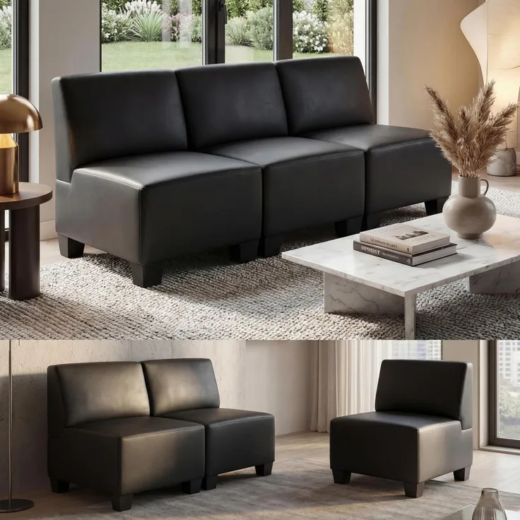 Modular 3-Sitzer Sofa Couch Lyon, Kunstleder ~ schwarz, ohne Armlehnen