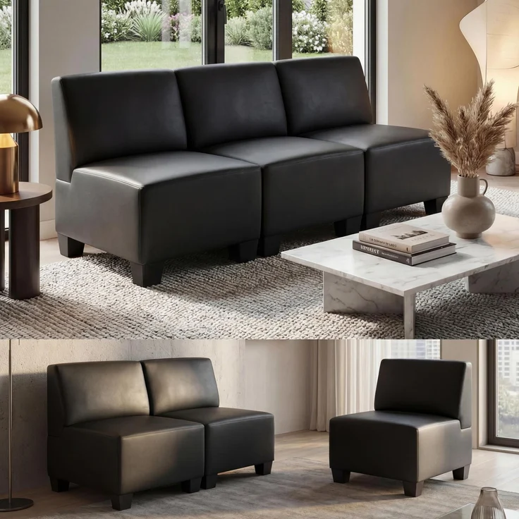 Modular 3-Sitzer Sofa Couch Lyon, Kunstleder ~ schwarz, ohne Armlehnen – Bild 1