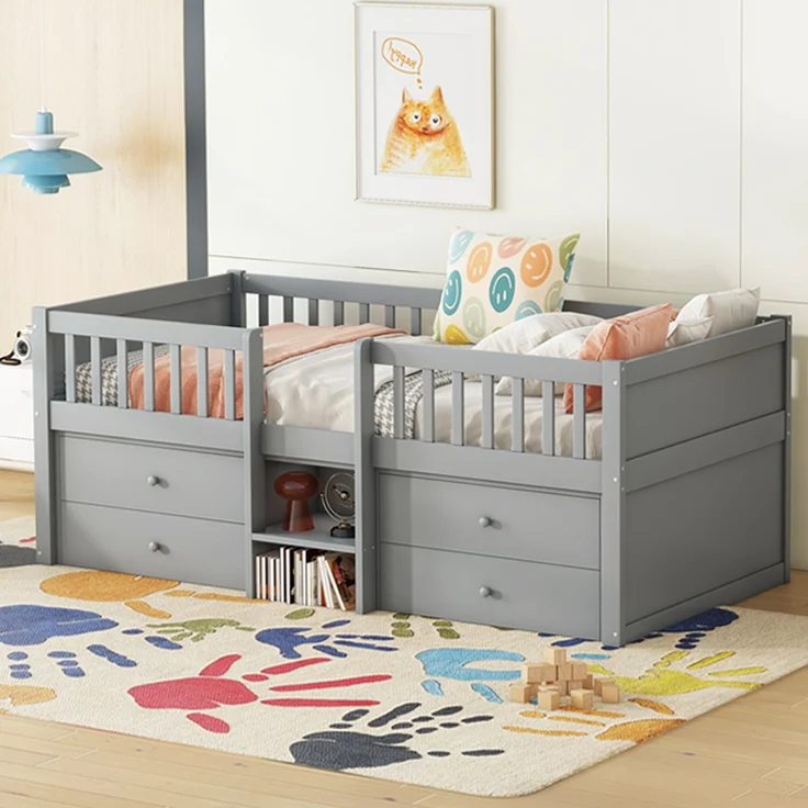 Halbhohes Bett, 90*200cm , 4 Schubladen, Geländer, Leiter, Kiefernholz, Ohne Matratze, Minimalistischer Stil, Grau – Bild 6