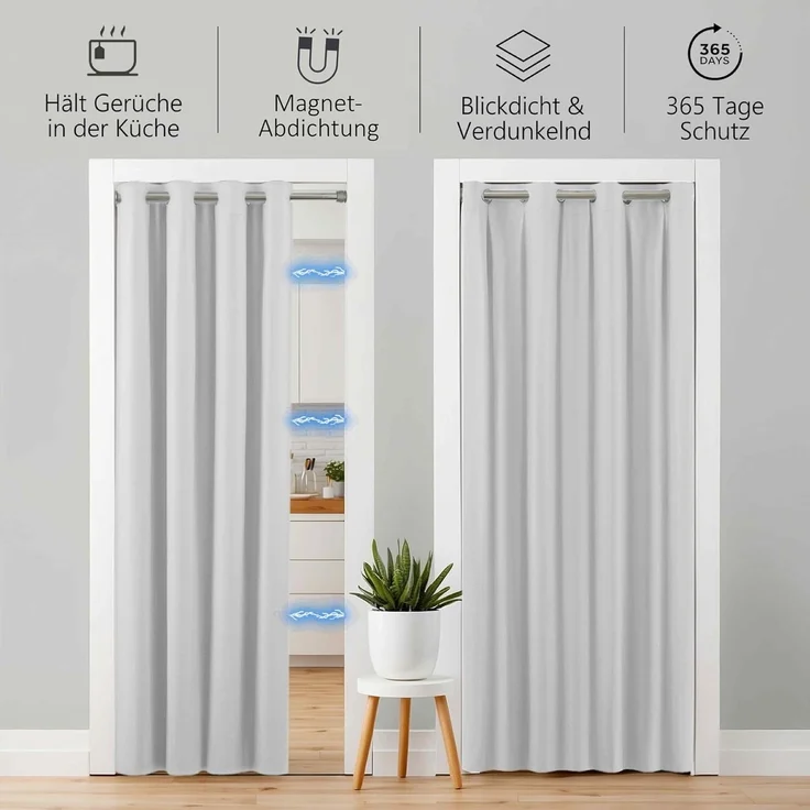 tinycurtains Türvorhang mit Stange silber 70-120 cm Thermo Vorhang ohne Bohren, blickdicht, Ösen, abdunkelnd, Polyester, weiß Purity, Türgardine mit Klemmstange Raumtrenner verdunkelnd – Bild 4