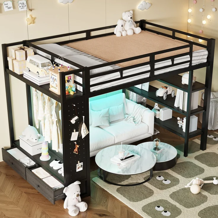 Merax Hochbett, 140x200 cm, Doppelbett, mit offenem Kleiderschrank, mit Ablagefächern, Lochwand und LED-Beleuchtung, schwarz – Bild 2
