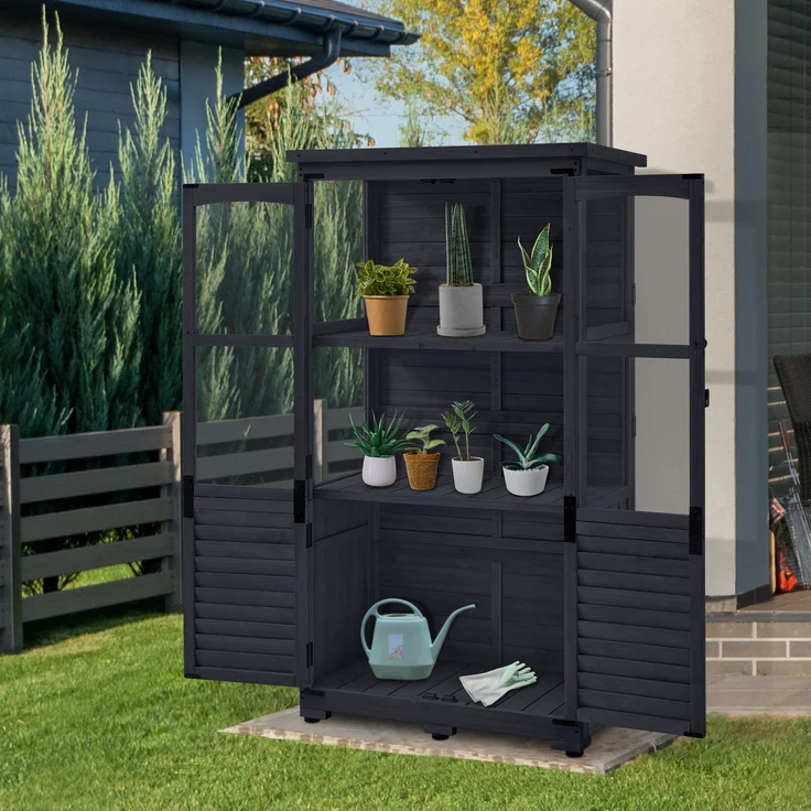 M MCombo Gartenschrank Holz, Gerätehaus Wetterfest Klein, Outdoor Gartenhaus Geräteschuppen für Außenbereich Terrasse Balkon, 0120 (Anthrazitgrau) – Bild 2