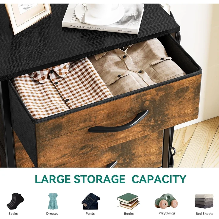YITAHOME Kommode,Kommode mit 5 Schubladen,Schrank mit Haken und Seitentaschen,Stoffschubladen mit Griffen,Metallgestell,Dauerhaft,Rustikal Braun – Bild 5
