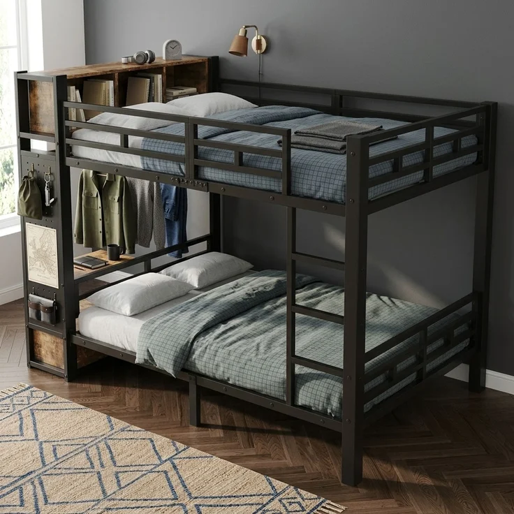 EINHOM Schwarzes Metall-Etagenbett 120 x 200 cm mit Stauraum, Kleiderstange, Schublade, Lochwand und Offenen Ablagefächern, Stockbett mit Multifunktionalem Aufbewahrungssystem (Ohne Matratze) – Bild 1