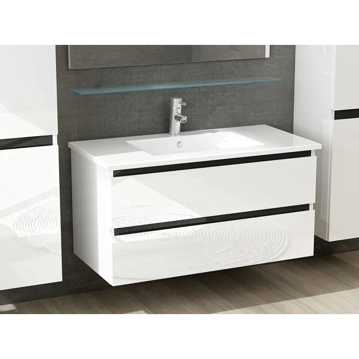 Homeline Badmöbel Set mit Schubladen Glas ablage (Dennis Weiss, 90 cm ohne Hochschrank) – Bild 6