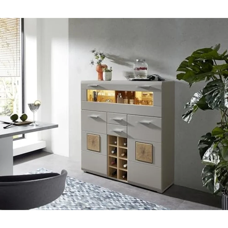 Barschrank >Kathlin< Barfach, Stauraum, LED, basalt / Eiche Dekor - 120x129x37 (BxHxT) – Bild 2