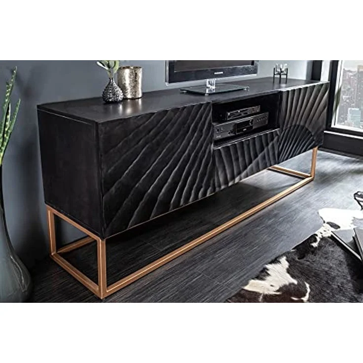 riess-ambiente TV-Board SCORPION 160cm schwarz, Massivholz · Lowboard · Metall · Wohnzimmer · 3D Schnitzereien – Bild 2