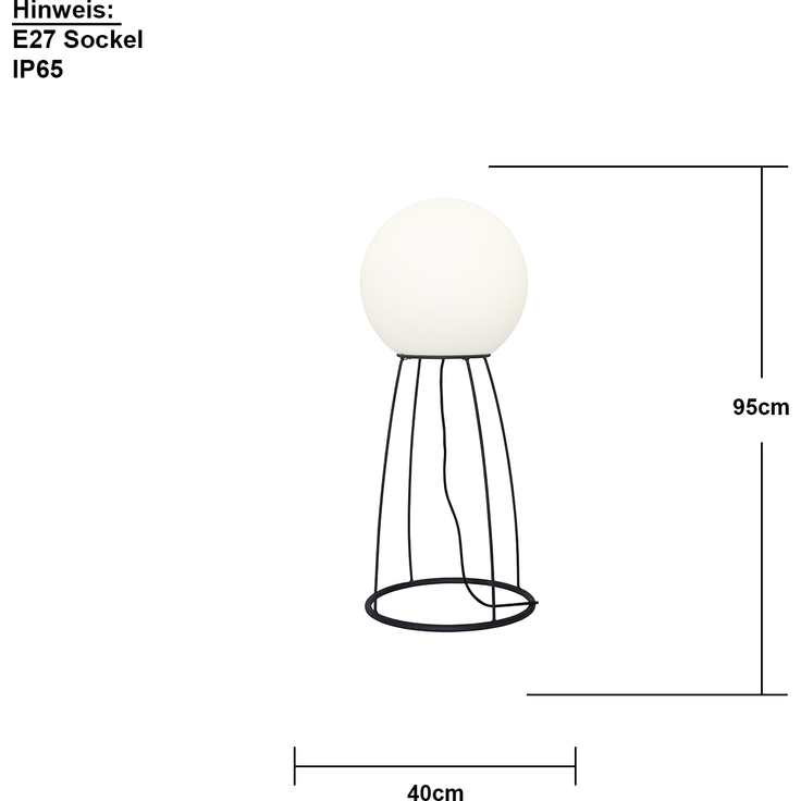 Große Stehleuchte ,Mallorca mit Kugelleuchte und Metallständer, E27, 95cm, Ø 38cm – Bild 3