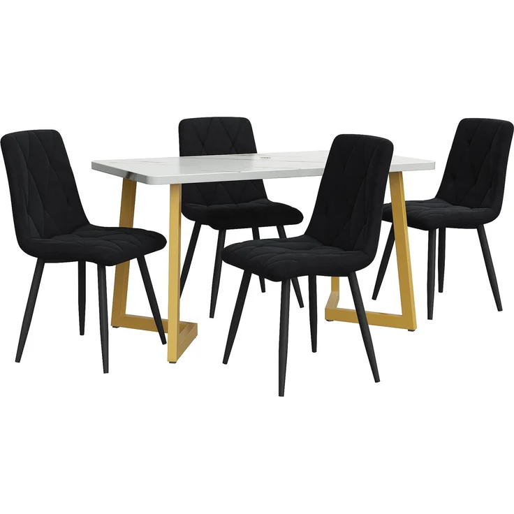 Essgruppe 5-teilig mit Esstisch 117×68 cm in Marmoroptik und 4 schwarzen Samtstühlen, moderner rechteckiger Küchentisch Set – Bild 3