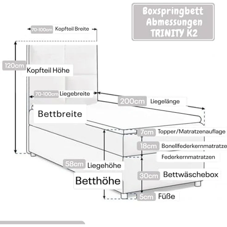 Best for Home Boxspringbett K2 SINGLE mit Bettkasten (Silber 90x200) – Bild 6
