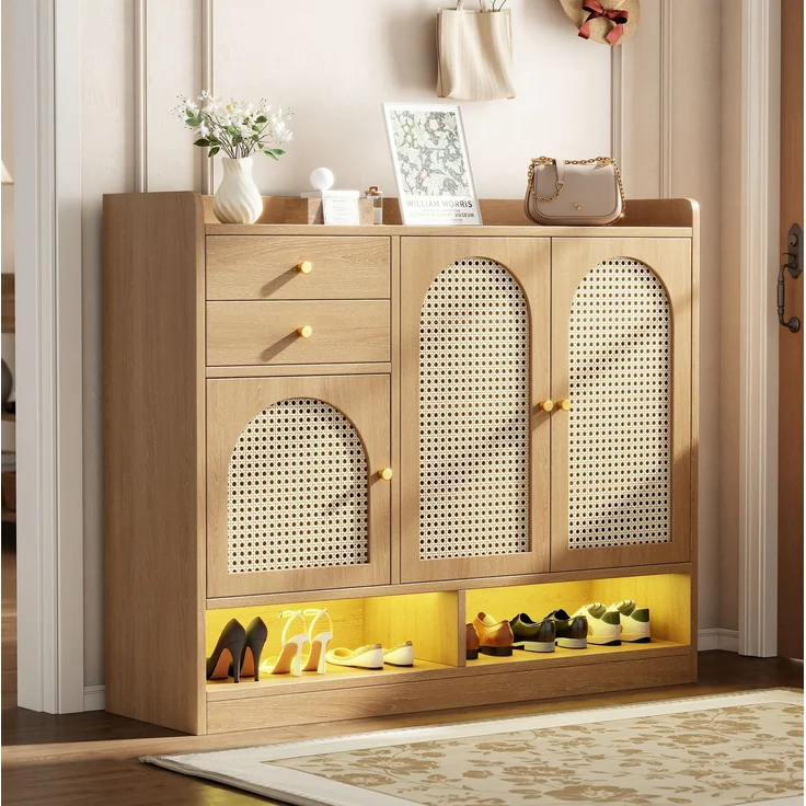 Schuhschrank 120 x 35 x 100 cm mit Rattanfronten, 2 Schubladen und LED-Beleuchtung – Bild 3