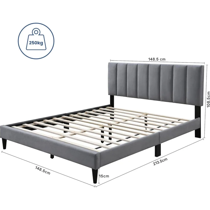 Home Collective Polsterbett 140x200 & 160x200 cm mit Lattenrost und weichem Bezug, Bettgestell (Doppelbett mit gepolstertem Kopfteil, robustes Gestell, hoher Liegekomfort), vertikaler Steppung, 140x200 cm, Grau – Bild 2