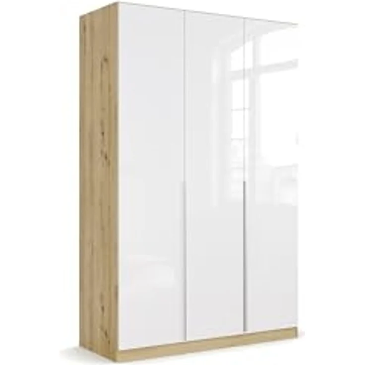 Rauch Möbel Alabama, Kleiderschrank für Schlafzimmer, Kinderzimmer, Wohnzimmer, Garderobe, Flur, 3-türig, mit Zubehör Classic, Farbe Weiß Hochglanz/Eiche Artisan, Holz, Breite 136 cm – Bild 1