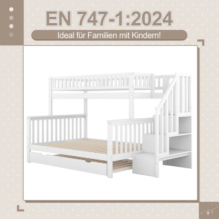 Etagenbett 90x200/140x200 cm Kinderbett mit ausziehbarem Rollbett,Hochbett mit Ablagefächern, Treppe und Geländer,weiß – Bild 5