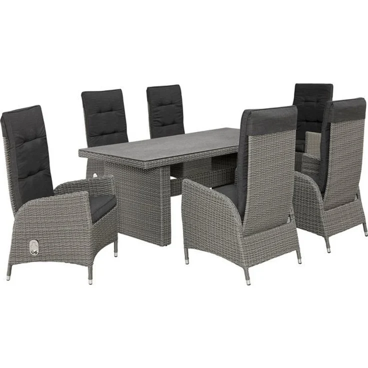 KONIFERA Garten-Essgruppe Brisbane, (Set, 13-tlg, 6 Sessel, Rückenlehne verstellbar, inkl. Auflagen, Tisch 92x192x74 cm), Aluminium/Polyrattan, Tischplatte aus Stone-Spray-Glas in Steinoptik – Bild 4