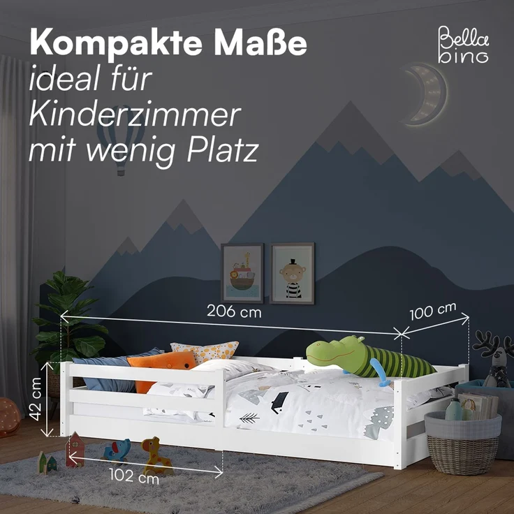 Bellabino 'Iskri' Bodenbett 90x200 cm, weiß, Massivholz Kiefer, Montessori Kinderbett mit Rausfallschutz und Lattenrost – Bild 7