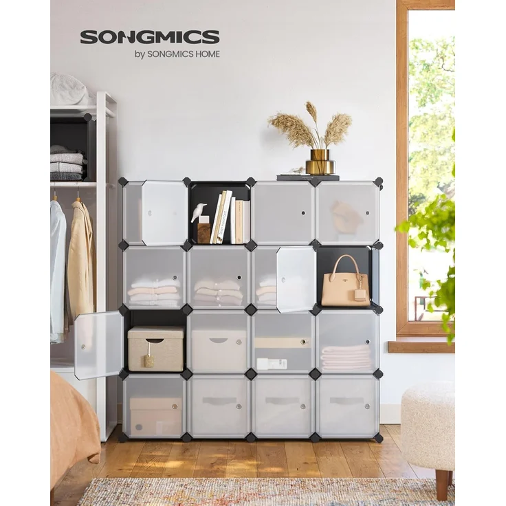 Songmics Regalsystem, Schuhregal, Set aus 16 Würfeln, Kleiderschrank aus Kunststoff, mit Türen, Steckregal, Aufbewahrung von Kleidung, Schuhen und Büchern, einfache Montage, grau LPC443G01 – Bild 2