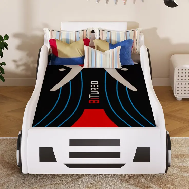 Autobett mit Lattenrost und Bettkasten, 90x200 cm, Kinderbett, Rausfallschutz, Kunstleder – Bild 3