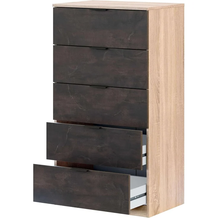 Habitdesign, Kommode mit 5 Schubladen – moderner Sinfonier in Eiche & Rostoptik, platzsparender Schubladenschrank für Schlafzimmer oder Büro, Maße: 60 x 110 x 40 cm (B x H x T), Modell Alaya – Bild 4