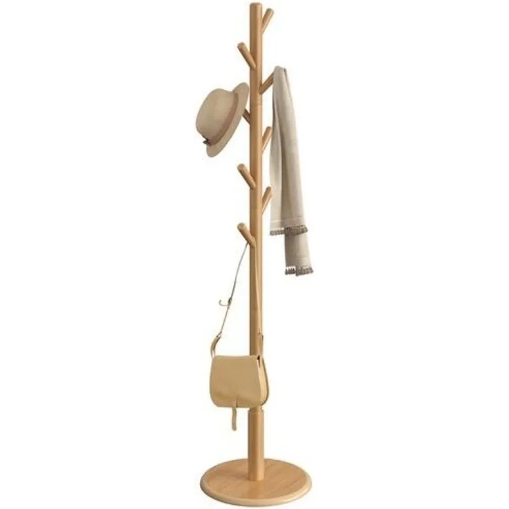 VASAGLE Garderobenständer, Kleiderständer Massivholz, Jackenständer Baumform, 8 Haken für Jacken, Hüte, für Flur, Haken und Haltestange aus Kautschukholz, naturfarben