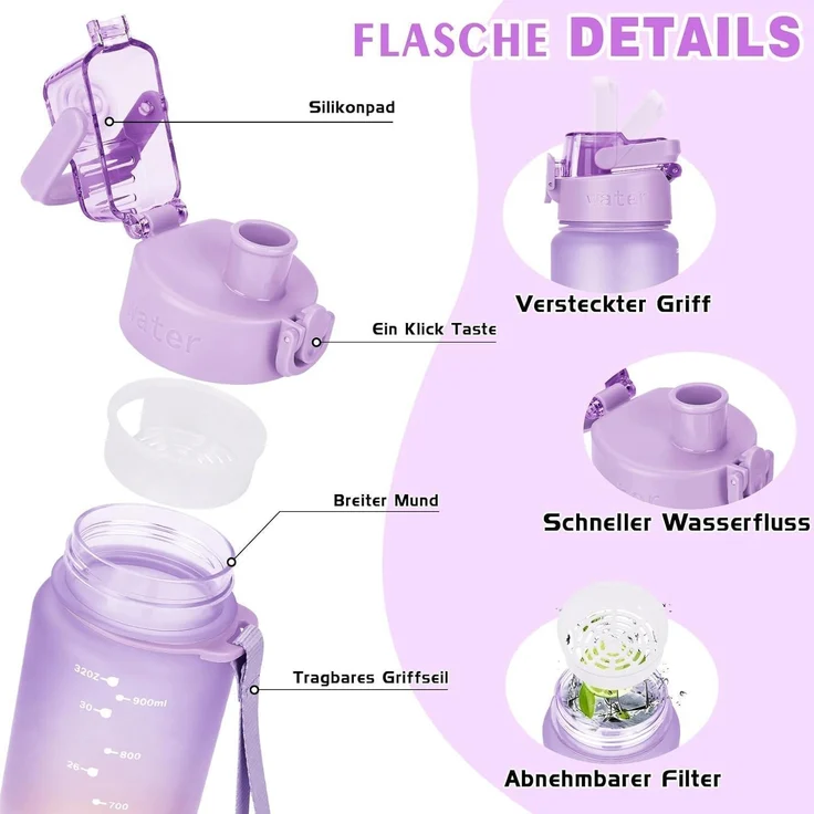AOPREL Trinkflasche 1l BPA-frei Tritan Kohlensäure geeignet lila rosa体Verlauf – Bild 2