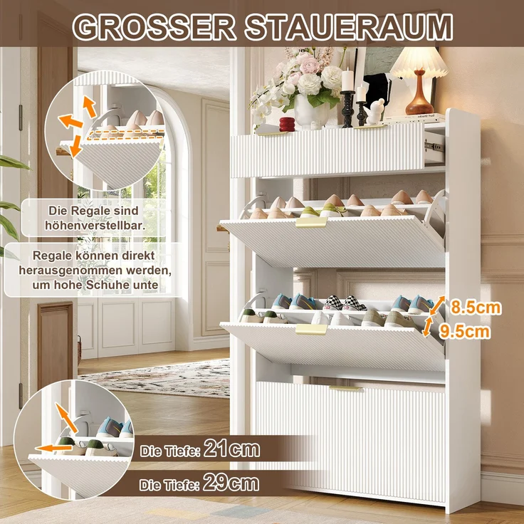ZUBALIYA Schuhschrank (80 x 25 x 135 cm), 3 Klappfächer und 2 Schubladen, Aus Spanplatte, Stauraum für Flur und Eingangsbereich, Weiß – Bild 9
