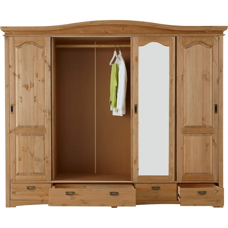 Home affaire Schiebetürenschrank Konrad, Landhausstil, rustikal, mit Schubladen + Spiegel, Kassetten massive Kiefer, FSC®-zertifiziert, Messinggriffe, mehrere Varianten – Bild 3