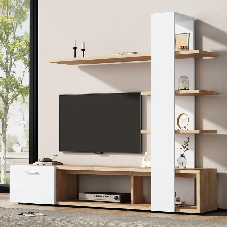 TV-Wandschrank Weiß Holzdekor für Fernseher bis 60 Zoll, Entertainment-Center mit offenen Regalen und Tür, schwebende Bücherregale – Bild 3