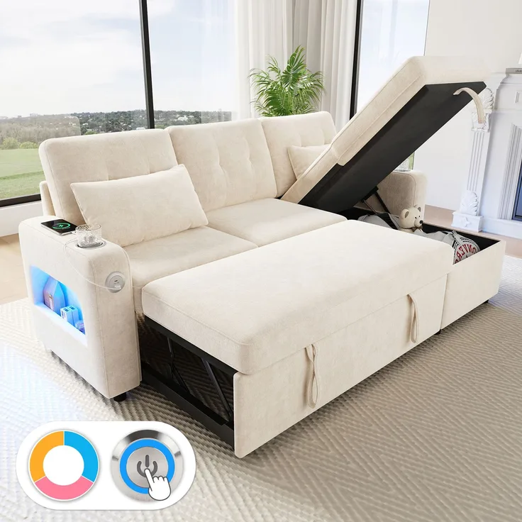 Merax L‑förmiges Ecksofa, multifunktionales Schlafsofa, mit Schlaffunktion, Stauraum, LED‑Beleuchtung, USB‑Ladeanschluss, Getränkehalter, Seitentaschen, Beige