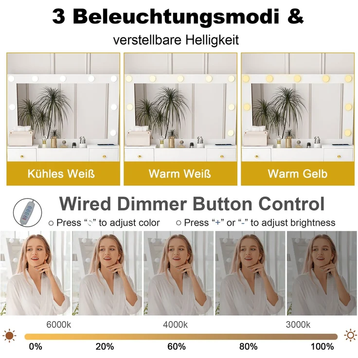 Schminktisch mit 3-stufiger LED-Beleuchtung, Steckdose & Haartrockner-Halterung – 4 Schubladen + Staufachkorb – Inkl. gepolstertem Hocker- Weiß, B80/H137/T40 cm.--Uraltes Weiß--137x40x80cm--YOUDENOVA – Bild 6