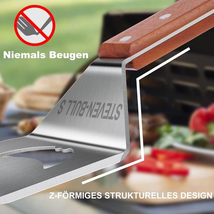 Steven-bull 7-in-1 Grillspachtel, Edelstahl silber / Holzgriff, 43 cm – Bild 2
