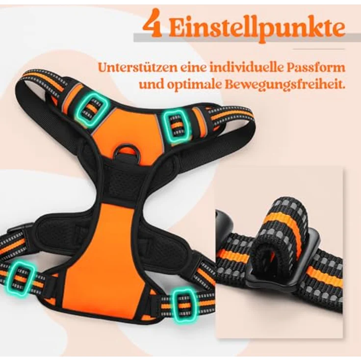 rabbitgoo Hundegeschirr Mittelgroße Hunde Anti Zug mit Griff, S, Orange | No Pull & Individuell Anpassbar, Atmungsaktiv Gepolstert, 2 D-Ringe, Schnellverschlüsse, Reflektierend für Gassi & Training – Bild 5
