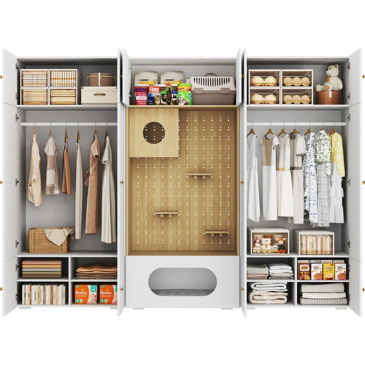 CHICFURN Kleiderschrank 270x200x50 cm aus Spanplatte mit Kleiderstange und Katzenkletterwand – Weiß/Holzoptik – Bild 7