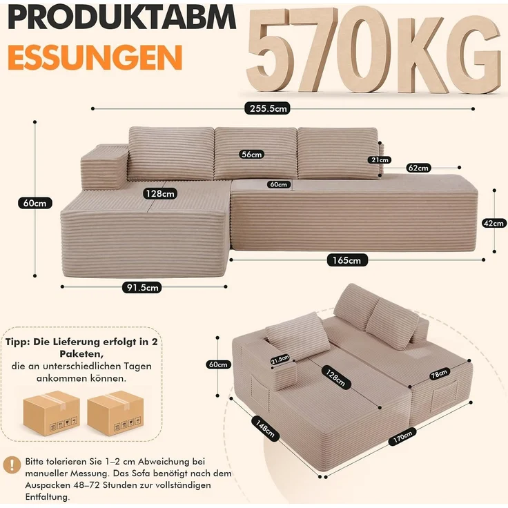COMHOMA Ecksofa mit Schlaffunktion, 255cm Corduroy Modulares Boneless Couch mit Chaiselongue & Rücken-Metallgestell, L-Form Schlafsofa mit offenem Design, Kissen & Seitentaschen,für Wohnzimmer, Beige-R – Bild 2