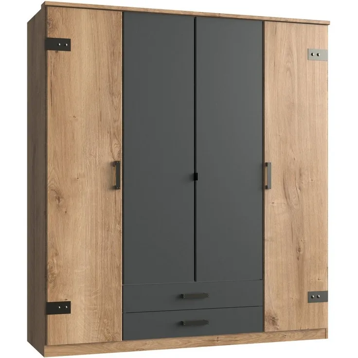Calicosy Kleiderschrank, mit 4 Türen, in Eiche und Graphit Dekor - L180 cm. - Helles Holz